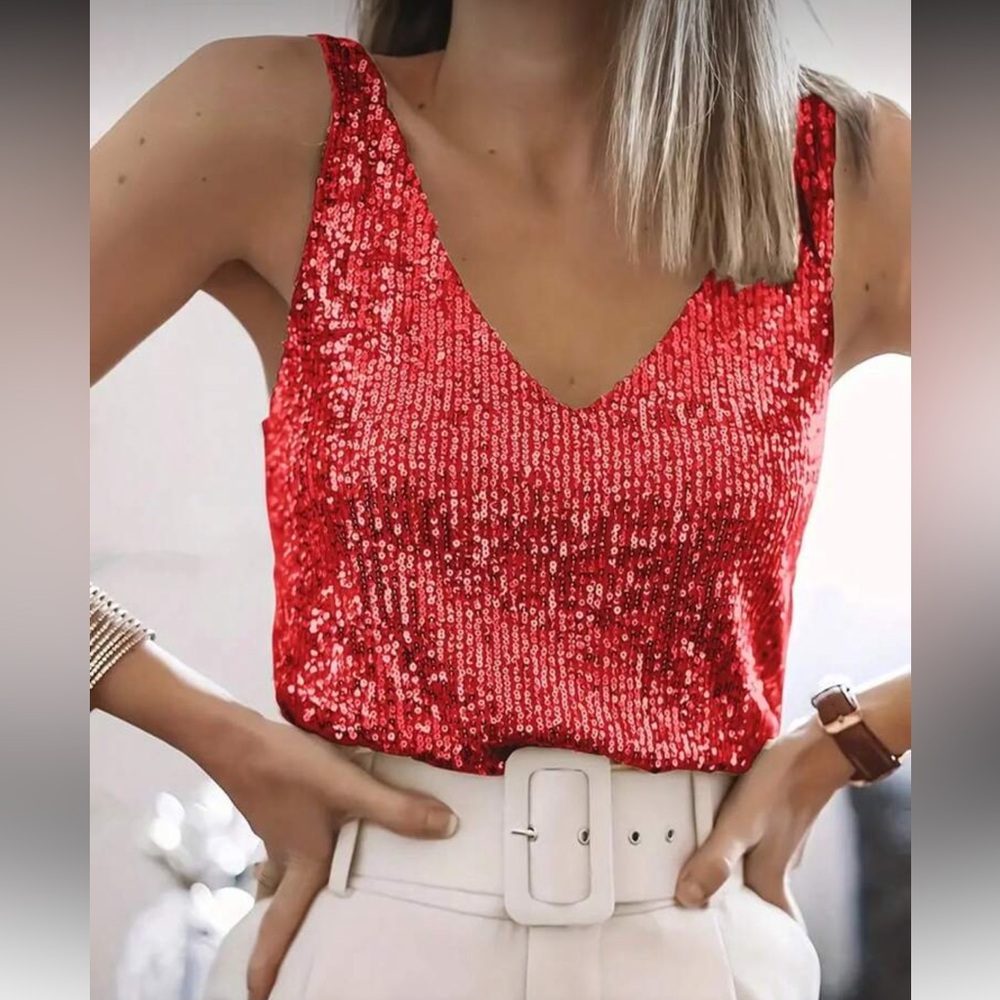 Plus Size Luxe Sequin V-Neck Tank Top Blouse Shirt Red